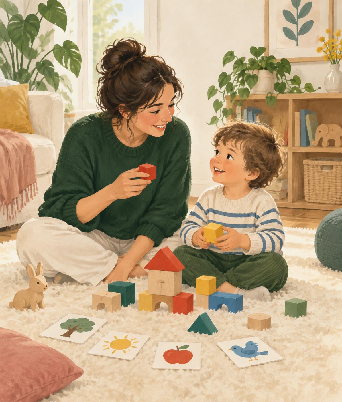Un parent joue avec son enfant autour de blocs de construction